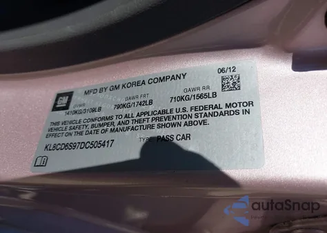 2013 Chevrolet Spark 1Lt Auto from USA, damaged, VIN KL8CD6S97DC505417